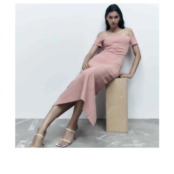 NWT Zara Light Pink Topstitched Off the Shoulder Bodycon Midi Dress. Size XS - Picture 2 of 14